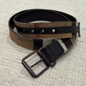 Burberry Canvas Plaid Belt with Black Leather Trim